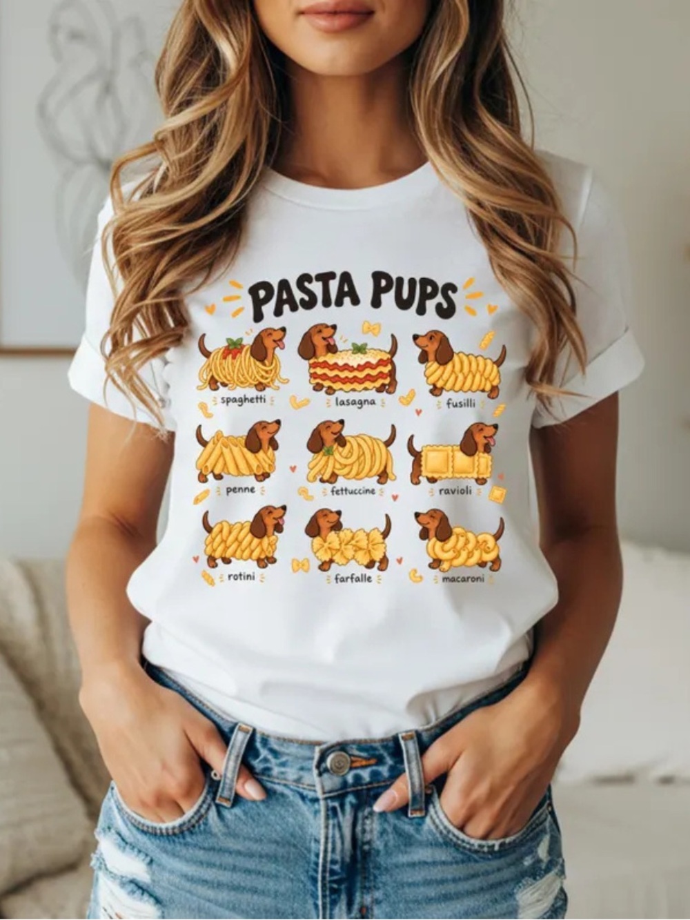 Pasta Pups Graphic Dog T-Shirt, Gildan White Dachshund Illustrations